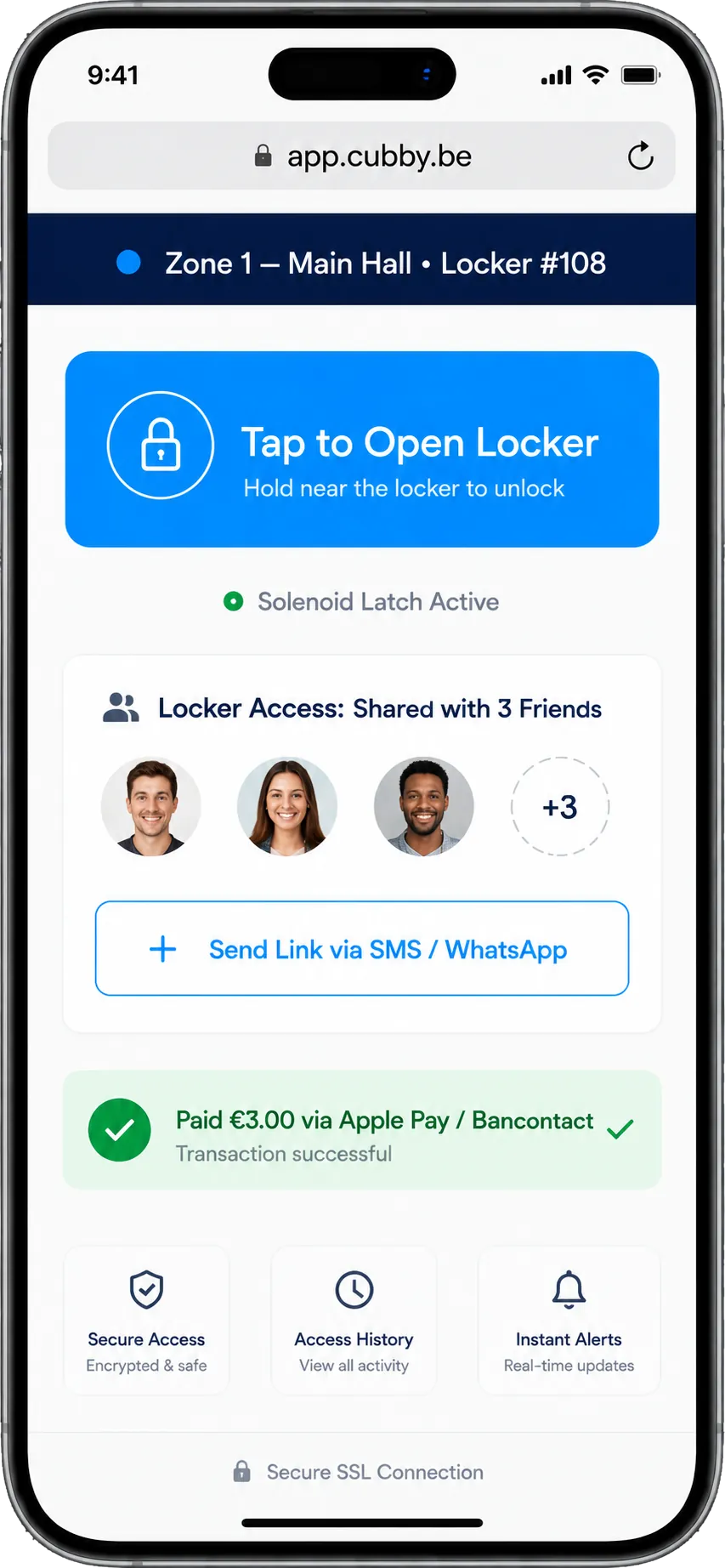 The Cubby guest web app opening a locker after a QR scan