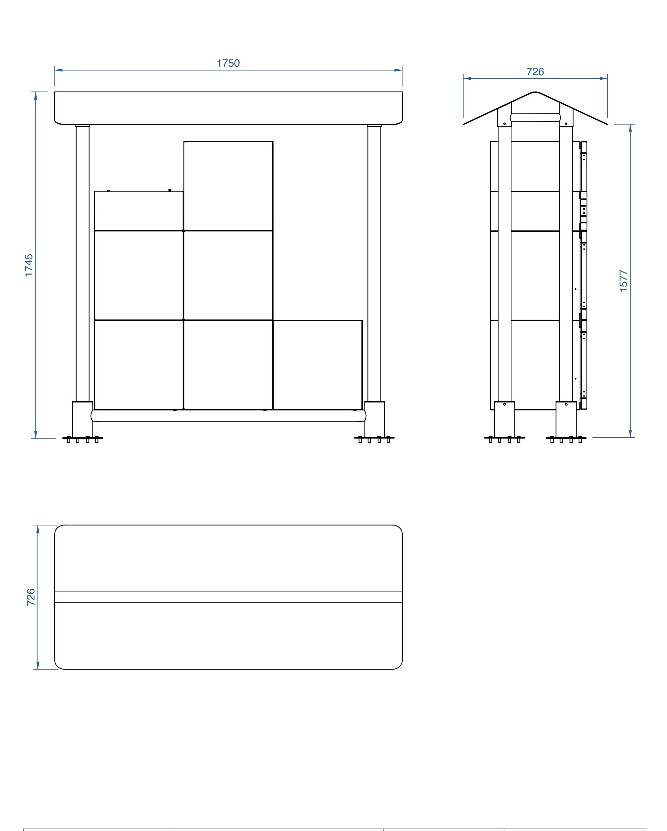 Technische tekening van de UrbanCubby standaardopstelling met afmetingen (RAAK design studio)