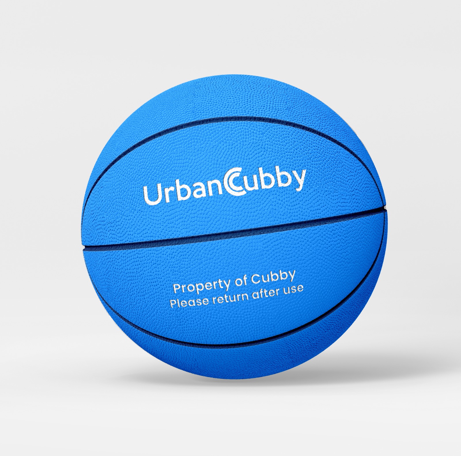 UrbanCubby-branded blue basketball with the inscription Property of Cubby — please return after use