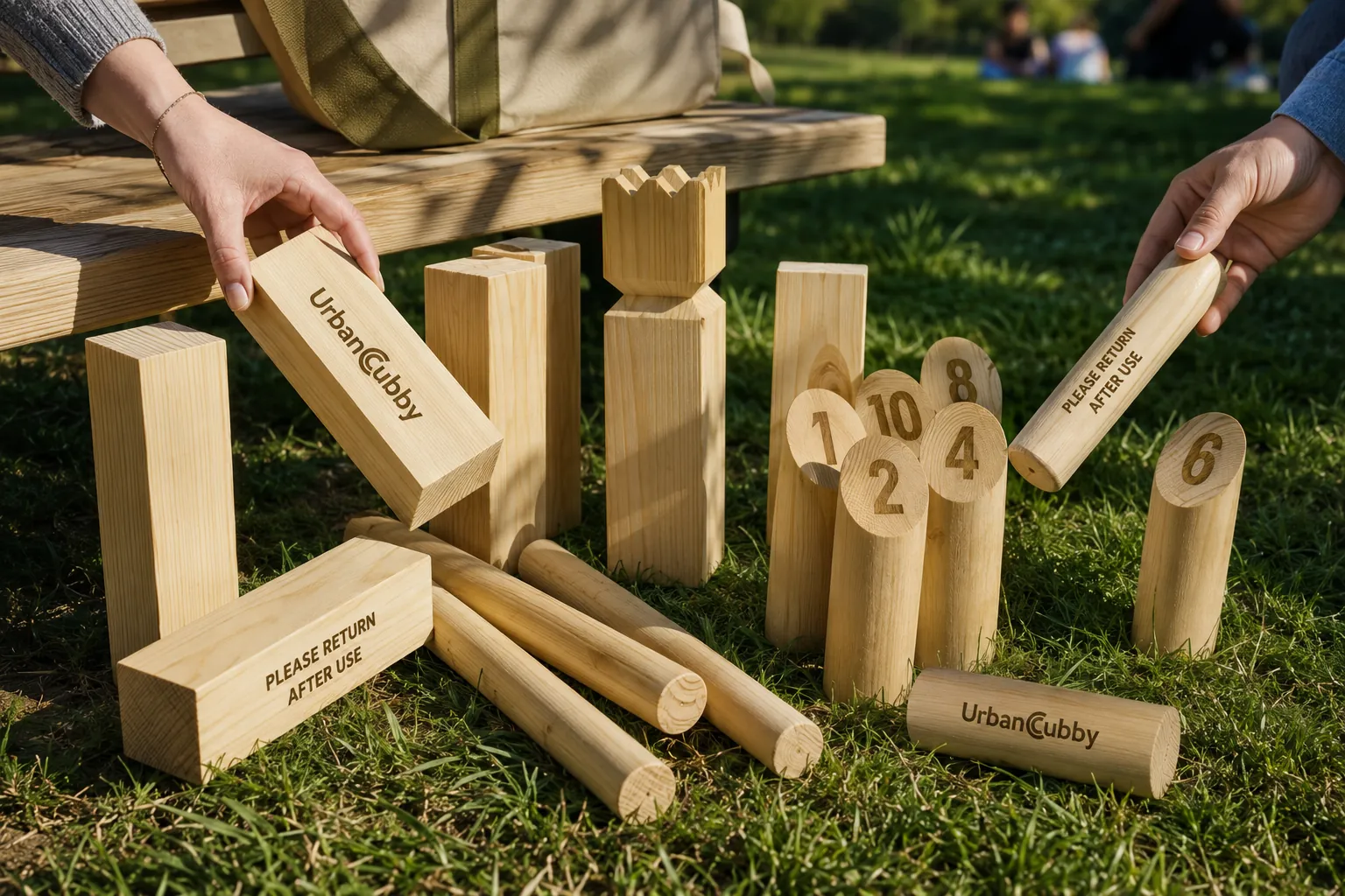 UrbanCubby-branded kubb set with engraved wooden blocks on the grass in a park