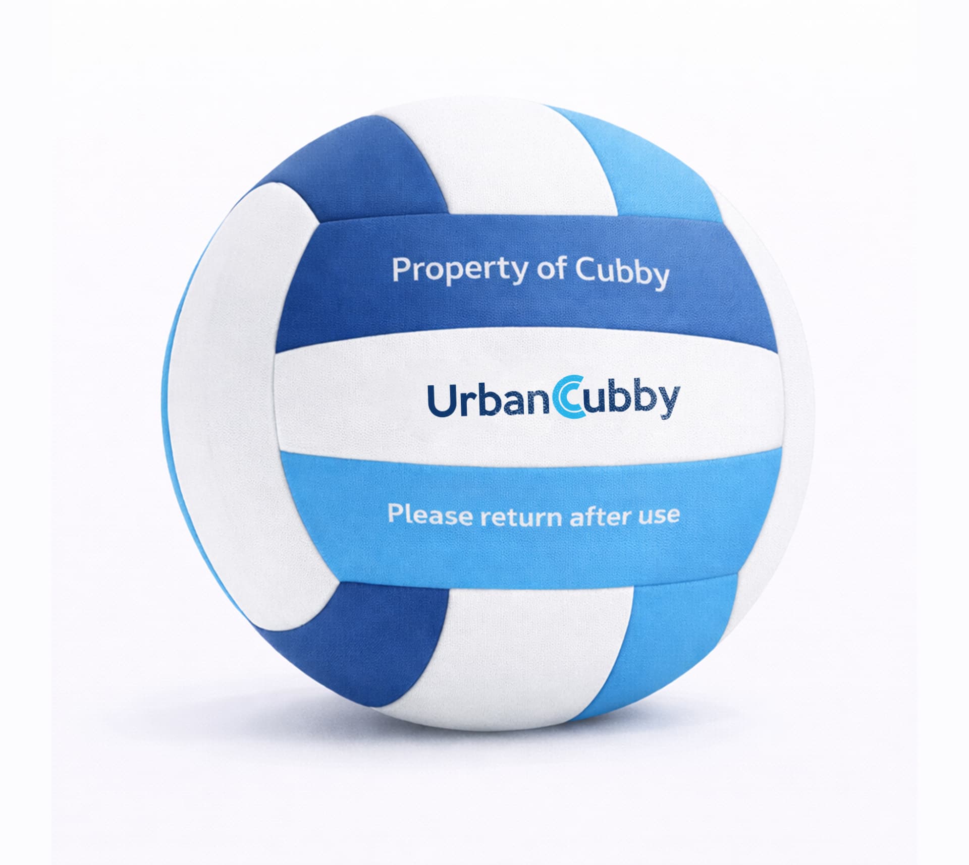 UrbanCubby-branded volleyball with the inscription Property of Cubby — please return after use