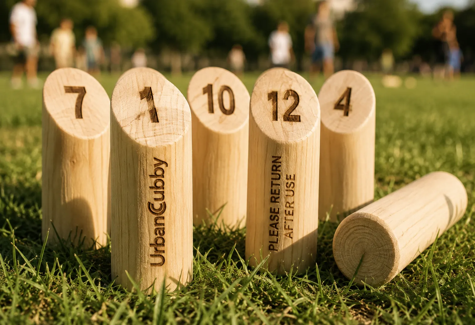 UrbanCubby-branded mölkky throwing game set up on a grass field in a park