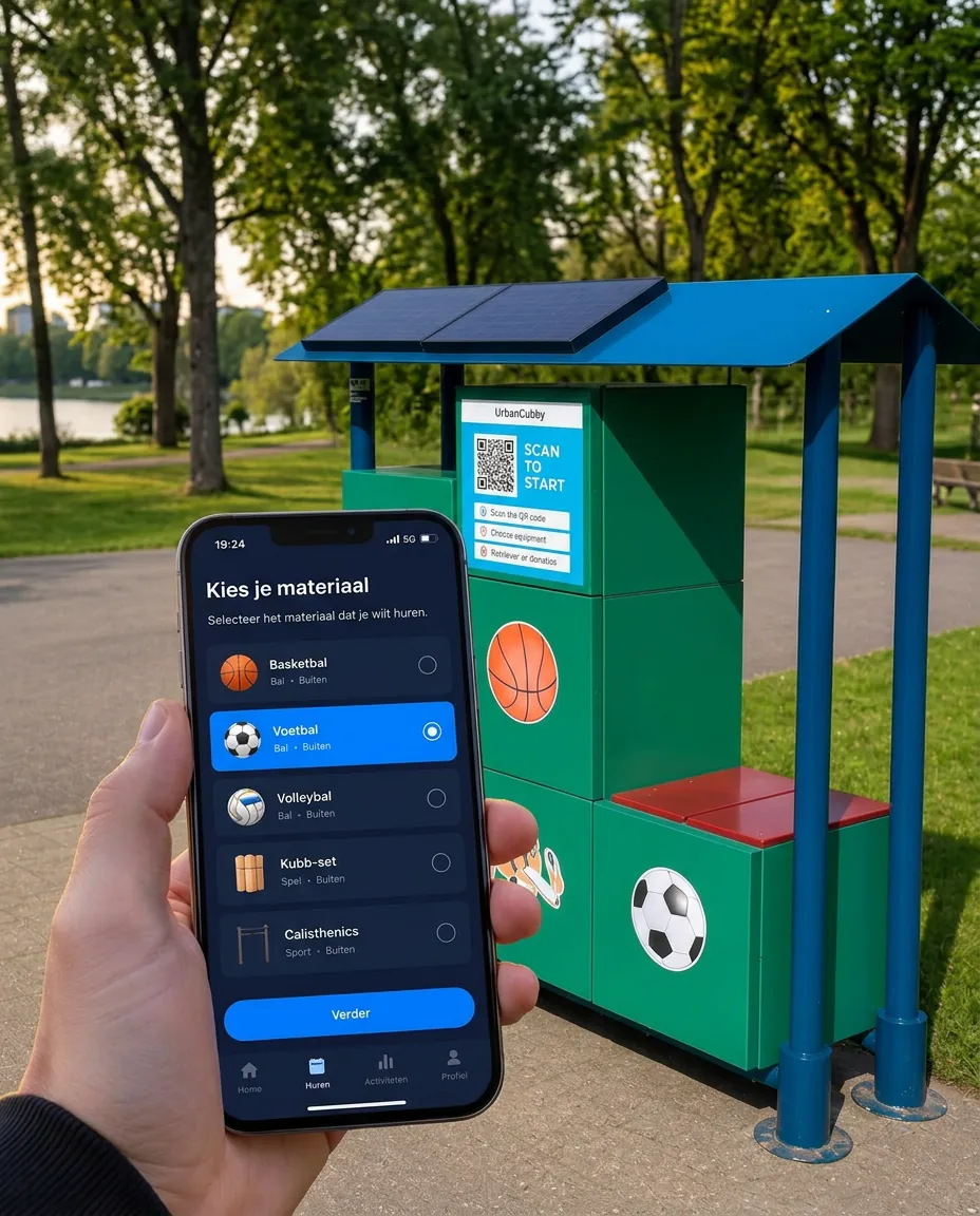 Een gsm toont de UrbanCubby-app met het scherm 'Kies je materiaal', met een lockerstation op de achtergrond